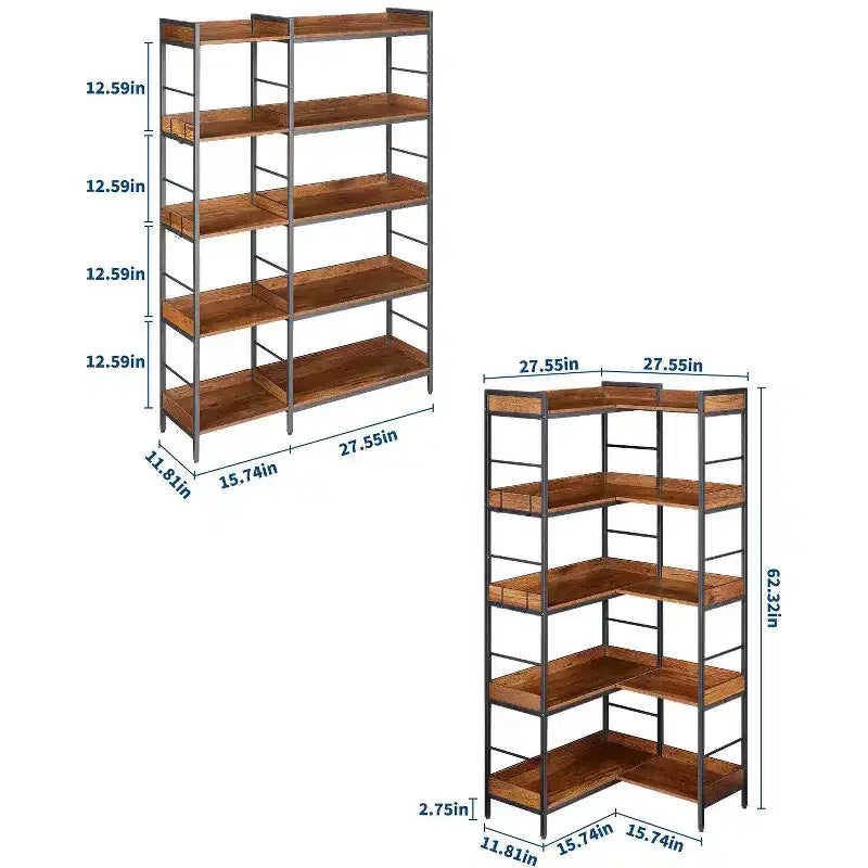 Eckregal in L-Form mit 5 Ebenen, 65 Industrie-Bücherregal aus Holz und Metall (Rustikales Braun), wendbarer Stauraum für Wohnzimmer, Schlafzimmer und Heimbüro