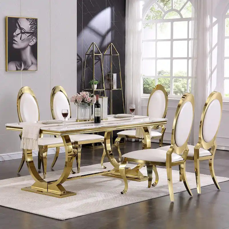 Table de salle à manger moderne avec piètement en U en métal inoxydable