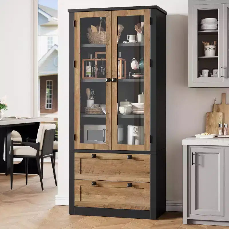 Küchenvorratsschrank im Landhausstil mit Glastüren, 183 cm hoher Aufbewahrungsschrank mit Schubladen und verstellbaren Einlegeböden für Esszimmer, Badezimmer und Wohnzimmer