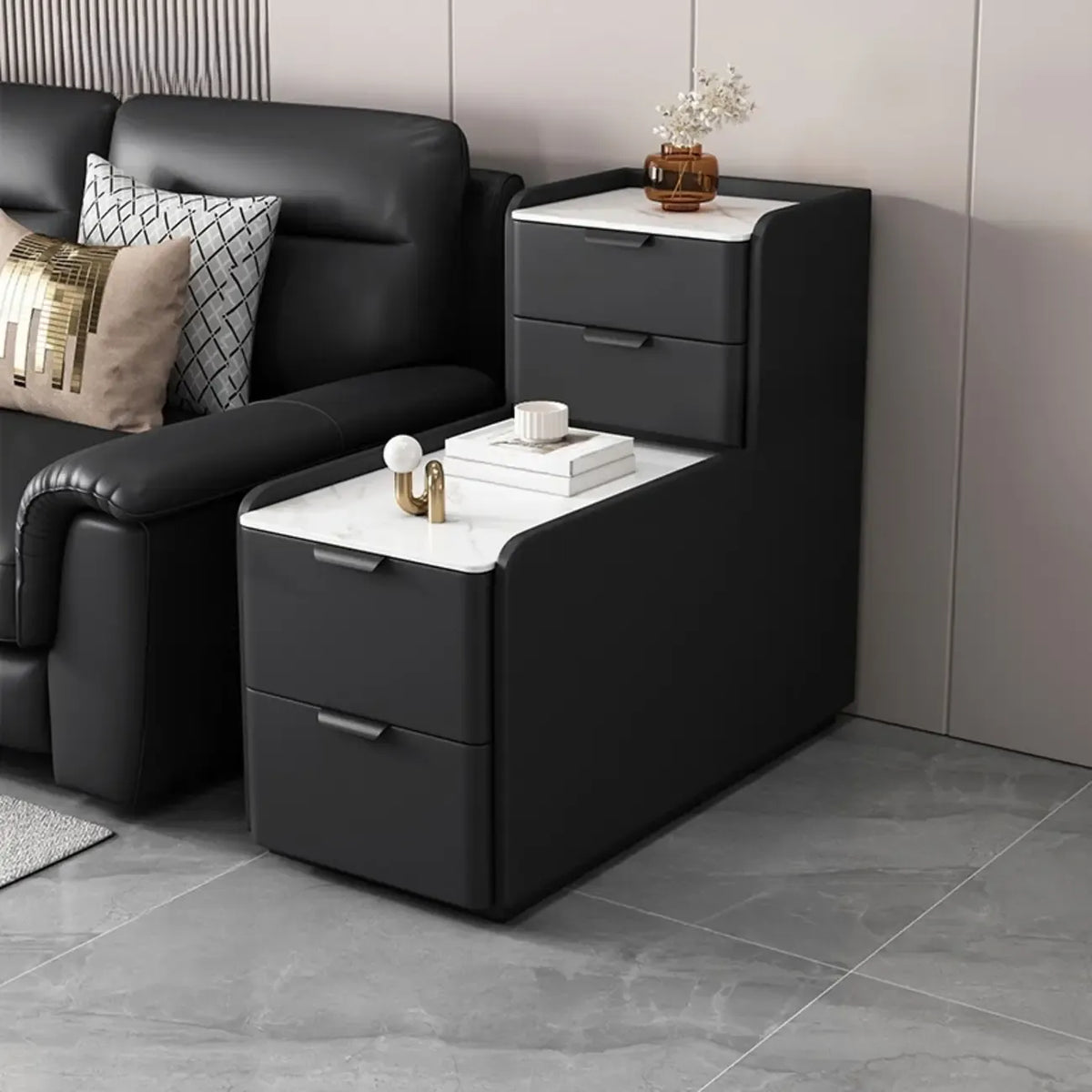 Hochseitentisch für Sofa in L-Form aus Holz mit 4 Schubladen und Steinplatte