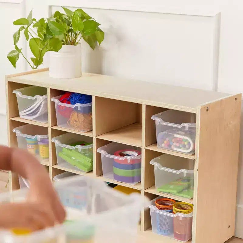 Meuble mobile à plateaux avec casiers et 15 bacs frontaux à ouverture en forme de cuillère, 3 x 4, mobilier pour enfants