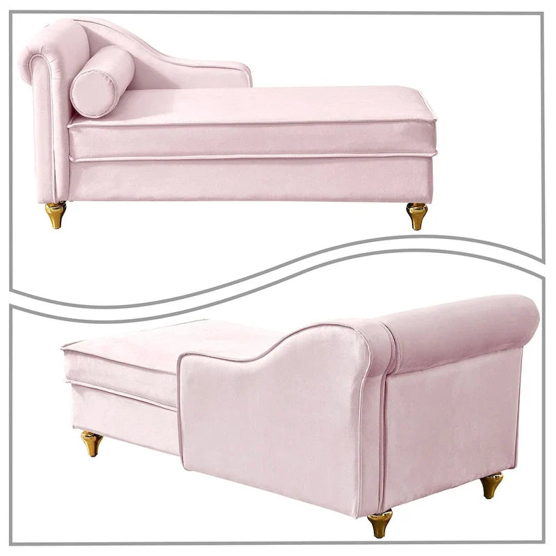 Fauteuil méridienne élégant français en velours avec revêtement rembourré et rangement, avec coussin