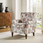 Fauteuil traditionnel Araceli en bois, rembourré à motif floral, avec dossier à oreilles et bordure cloutée| ART OF LIVING DESIGNS