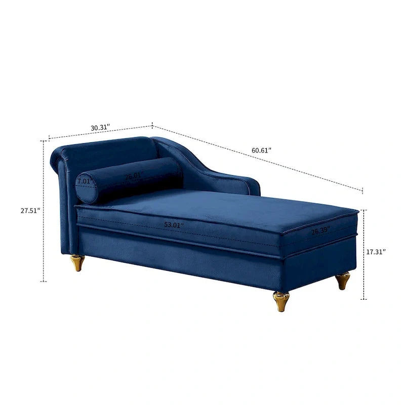 Fauteuil méridienne élégant français en velours avec revêtement rembourré et rangement, avec coussin