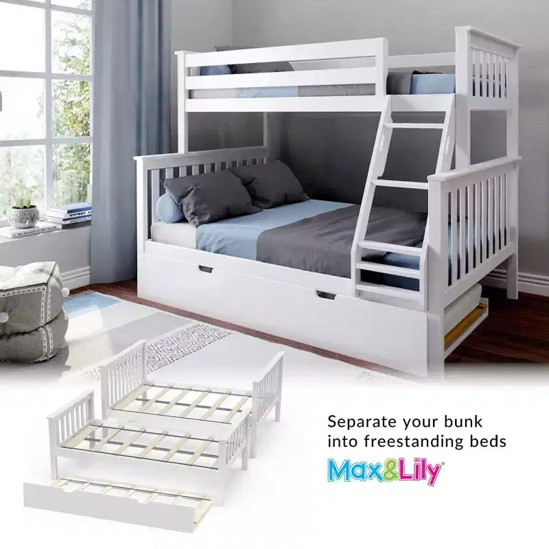 Max & Lily Etagenbett aus Massivholz, Einzelbett über Doppelbett mit ausziehbarem Stauraumbett und Leiter für Kinder
