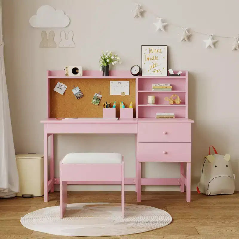 Kids Desk and Chair Set, Wooden Study Table with Adjustable Tilt Desktop, Drawers & Cork Board - Children School Learning Desk Set