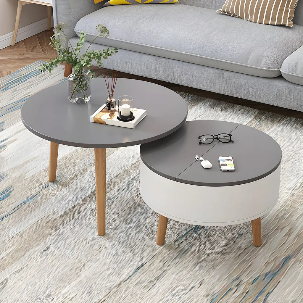 Moderner runder Couchtisch aus schwarzem und weißem Holz mit Stauraum