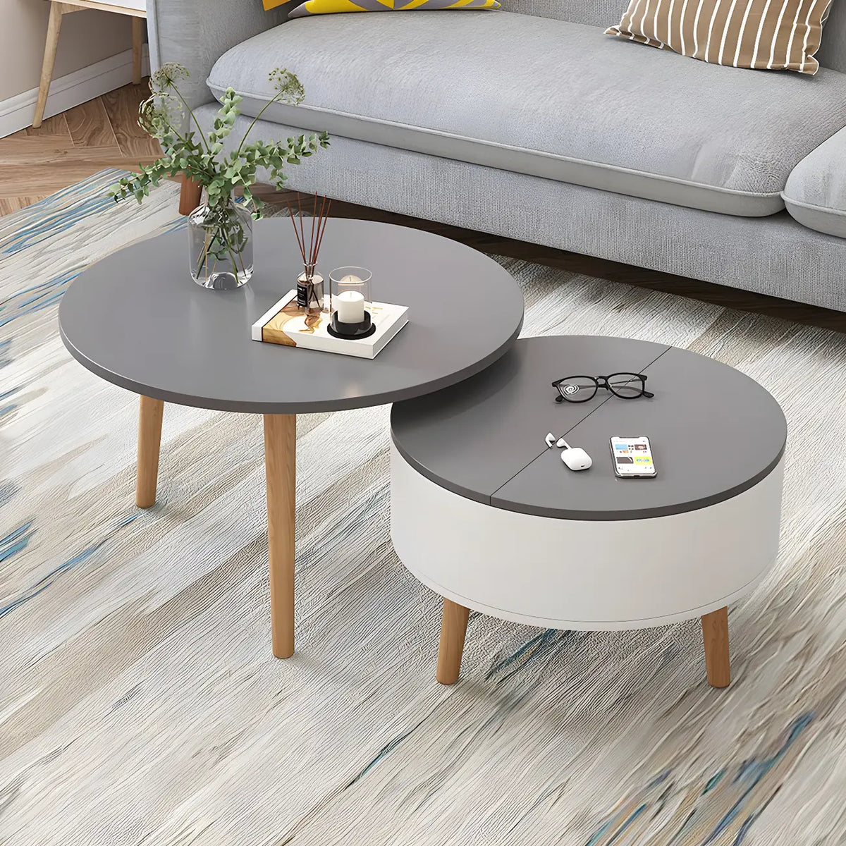 Moderner runder Couchtisch aus schwarzem und weißem Holz mit Stauraum