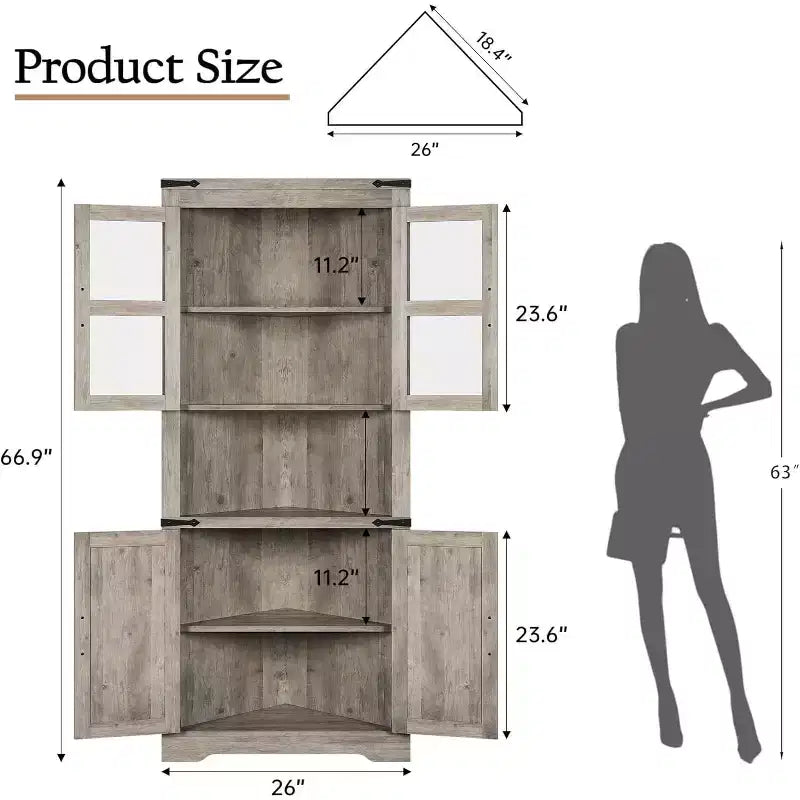 69 Zoll hoher Eckschrank im Landhausstil, platzsparender Eckschrank mit Glastür und verstellbaren Regalböden für Wohnzimmer und Küche