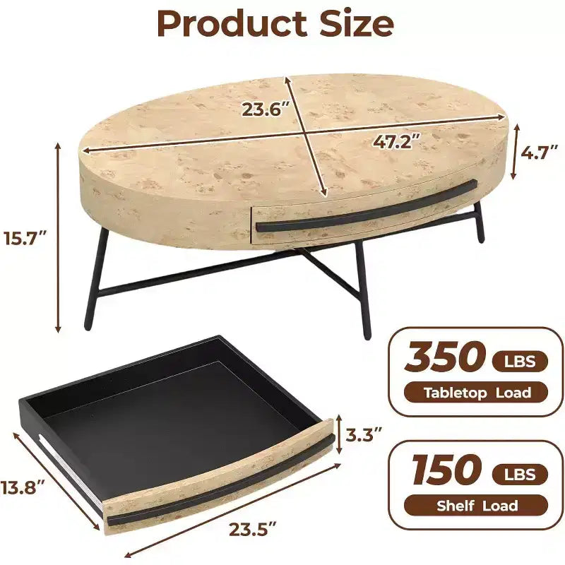 Acekool ovale salontafel met lade, houten opbergtafel van 47,2 met metalen kruispoten, moderne tafel in mid-century-stijl in naturel en goudkleurig wilgenhout