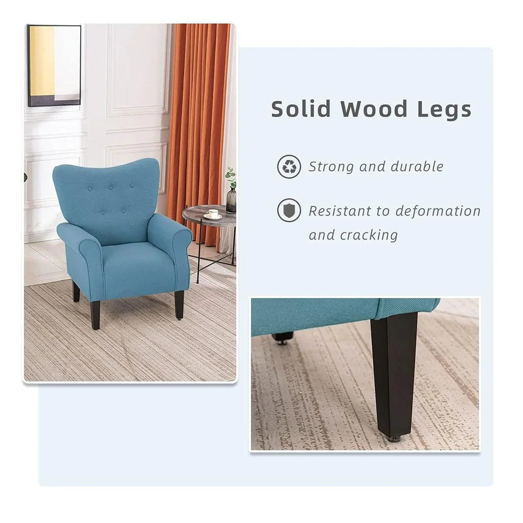 Erommy moderne accentstoel, fauteuil met hoge rugleuning, gestoffeerde stoffen fauteuil met knopen en houten poten voor de woonkamer