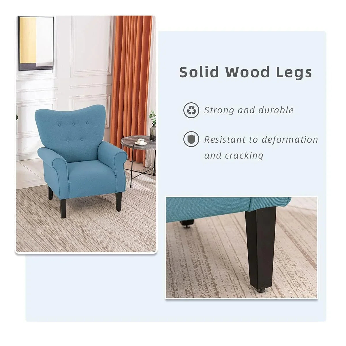 Erommy moderne accentstoel, fauteuil met hoge rugleuning, gestoffeerde stoffen fauteuil met knopen en houten poten voor de woonkamer