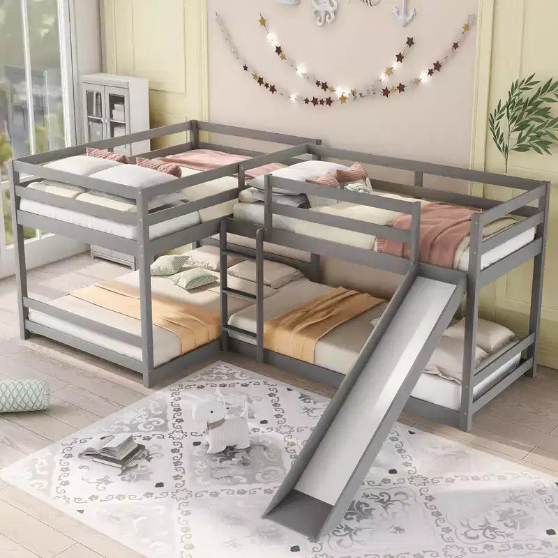 L-vormig stapelbed voor 4 kinderen, vierpersoons stapelbed met glijbaan, houten stapelbedframe met full- en twinbed voor slaapkamer of slaapzaal