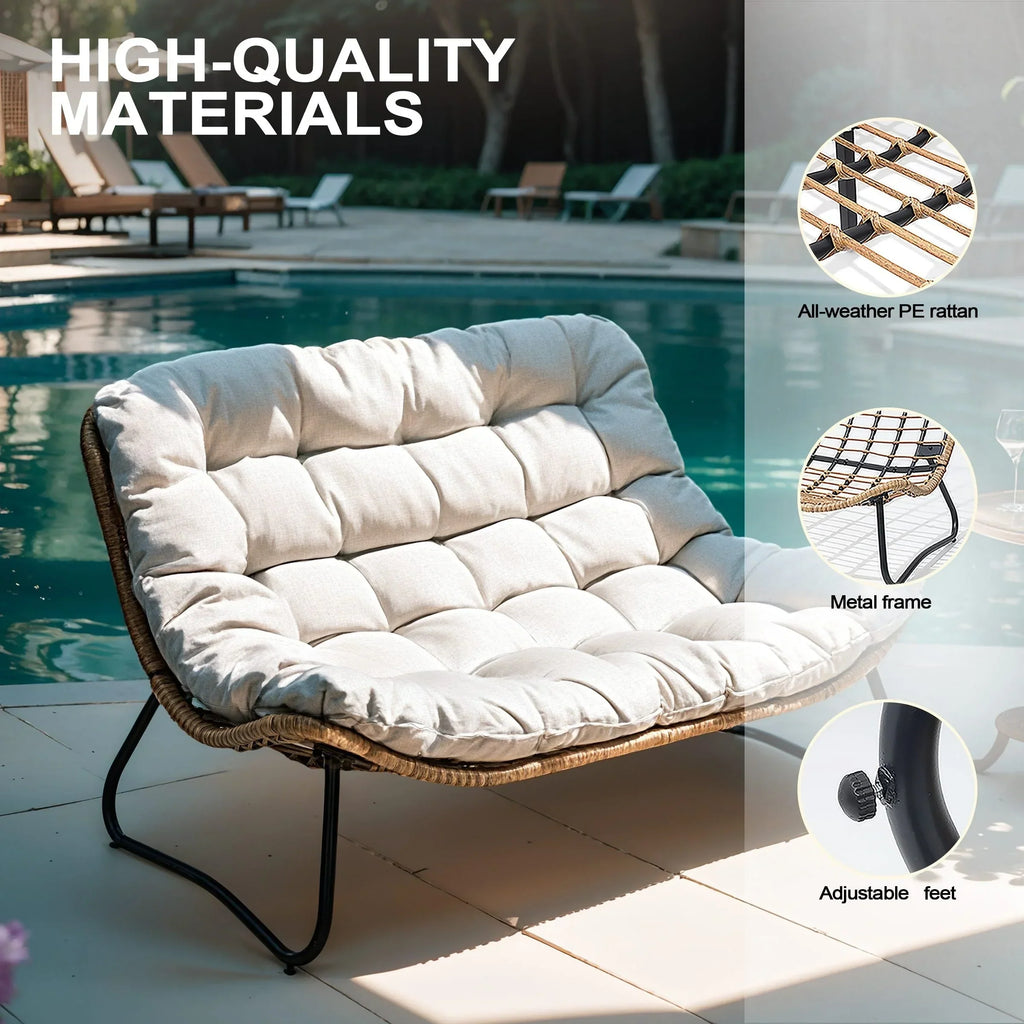 Fauteuil double Papasan avec coussin, rotin PE toutes saisons et structure en métal, pour intérieur et extérieur