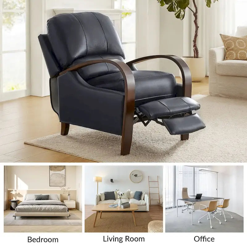 Alex moderner Relaxsessel im Mid-Century-Stil aus echtem Zigarrenleder mit manueller Verstellung und geschwungenen Holzarmlehnen