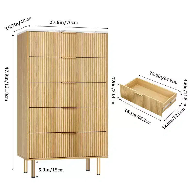 White / Marble & Wood 5-Drawer Dresser ?C Fluted Panel, for 1 Person Use