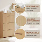 Meuble à chaussures moderne blanc avec 3 tiroirs basculants, 2 petits tiroirs et crochets, meuble de rangement à chaussures étroit à façade cannelée pour entrée