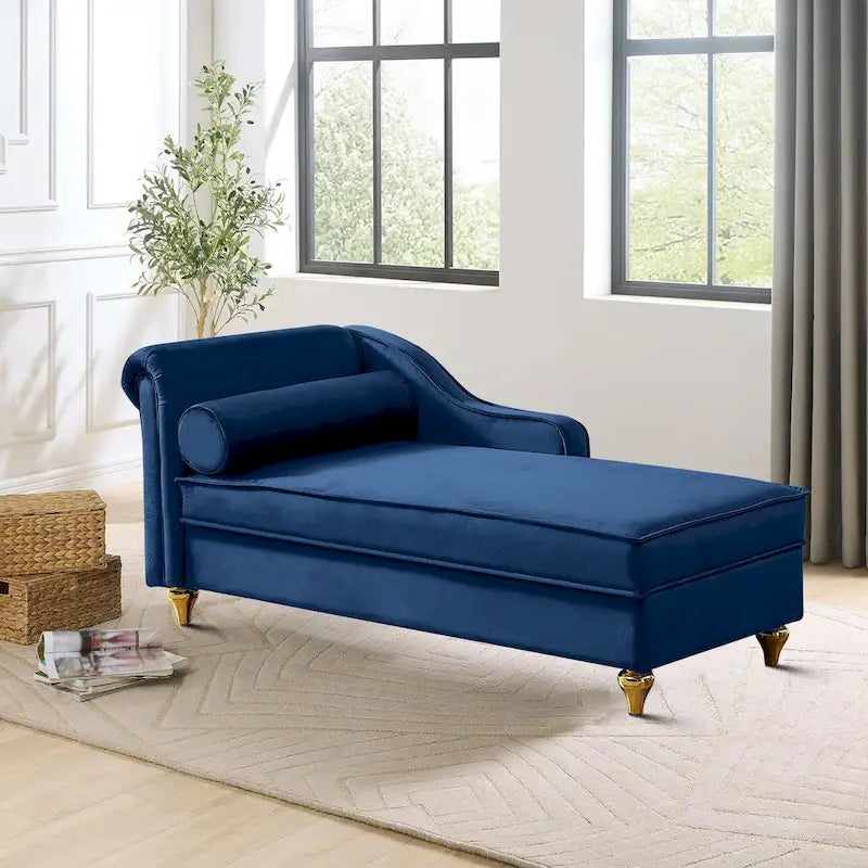 Fauteuil méridienne élégant français en velours avec revêtement rembourré et rangement, avec coussin