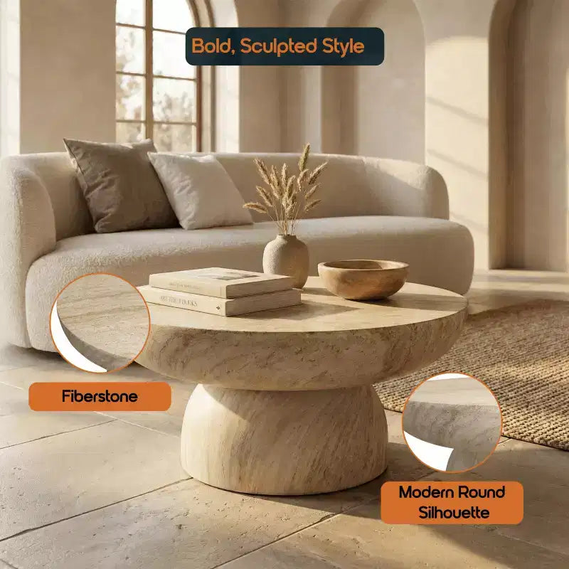 Table basse ronde à piédestal en fiberstone, table d’appoint sculptée pour intérieur et extérieur avec patins antidérapants