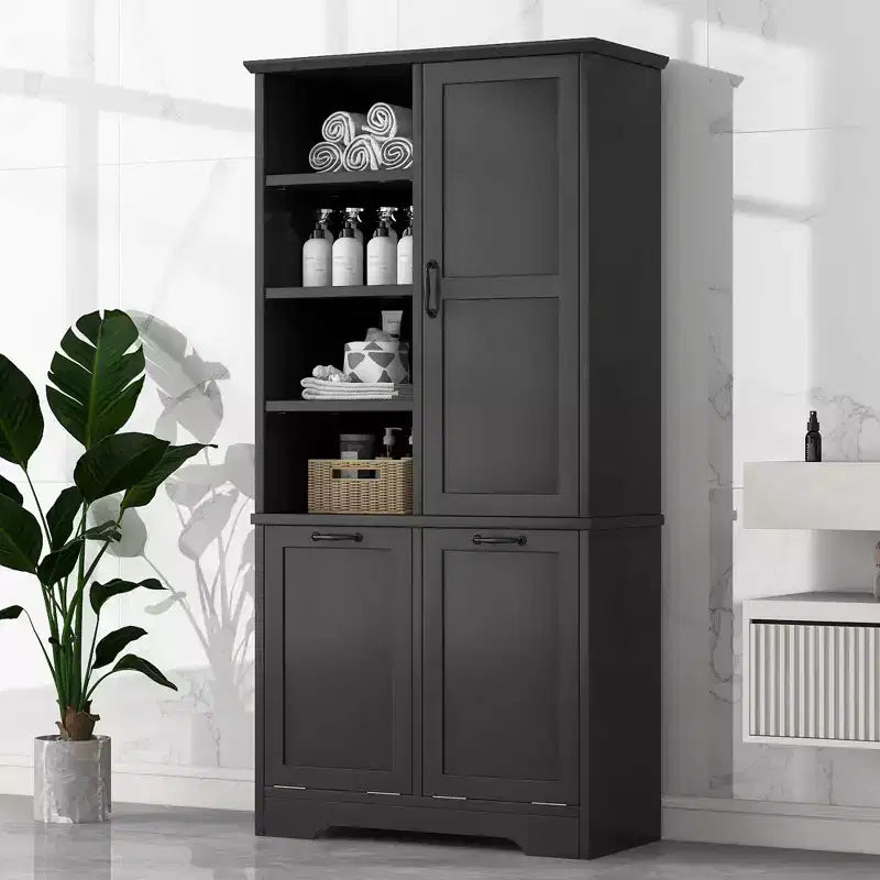 Badkamerkast met deuren en laden, uitklapbare wasmand, meerdere opbergruimtes, vrijstaand model