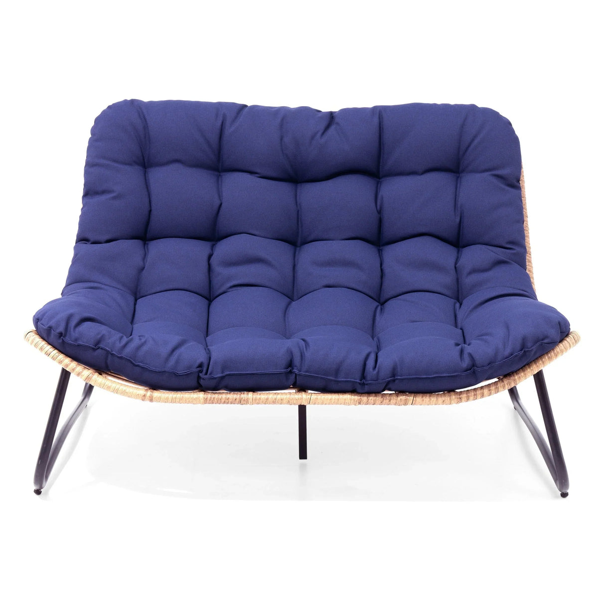 Fauteuil double Papasan avec coussin, rotin PE toutes saisons et structure en métal, pour intérieur et extérieur