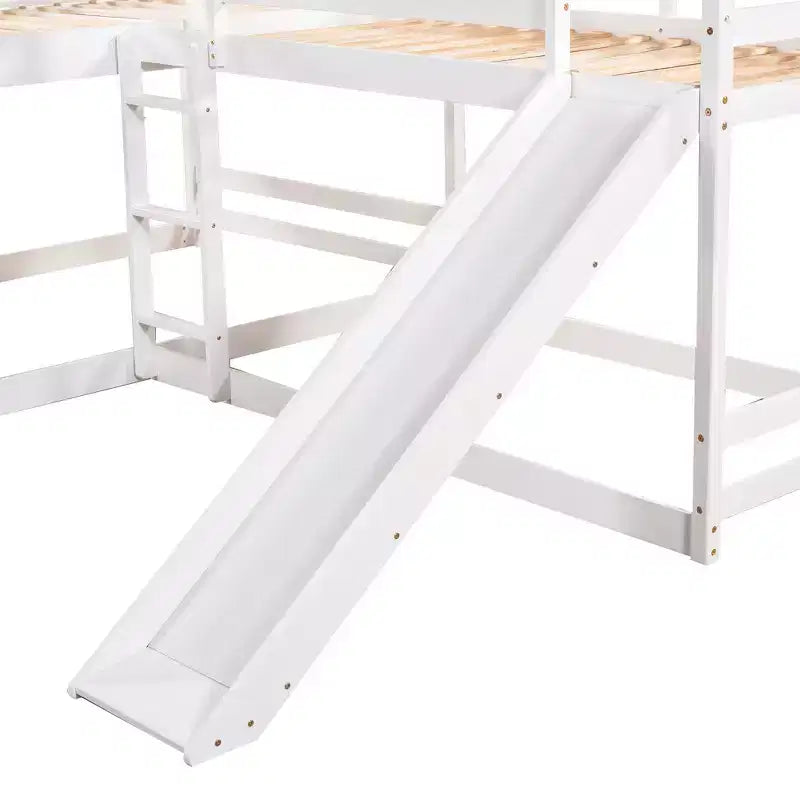 L-vormig stapelbed voor 4 kinderen, vierpersoons stapelbed met glijbaan, houten stapelbedframe met full- en twinbed voor slaapkamer of slaapzaal