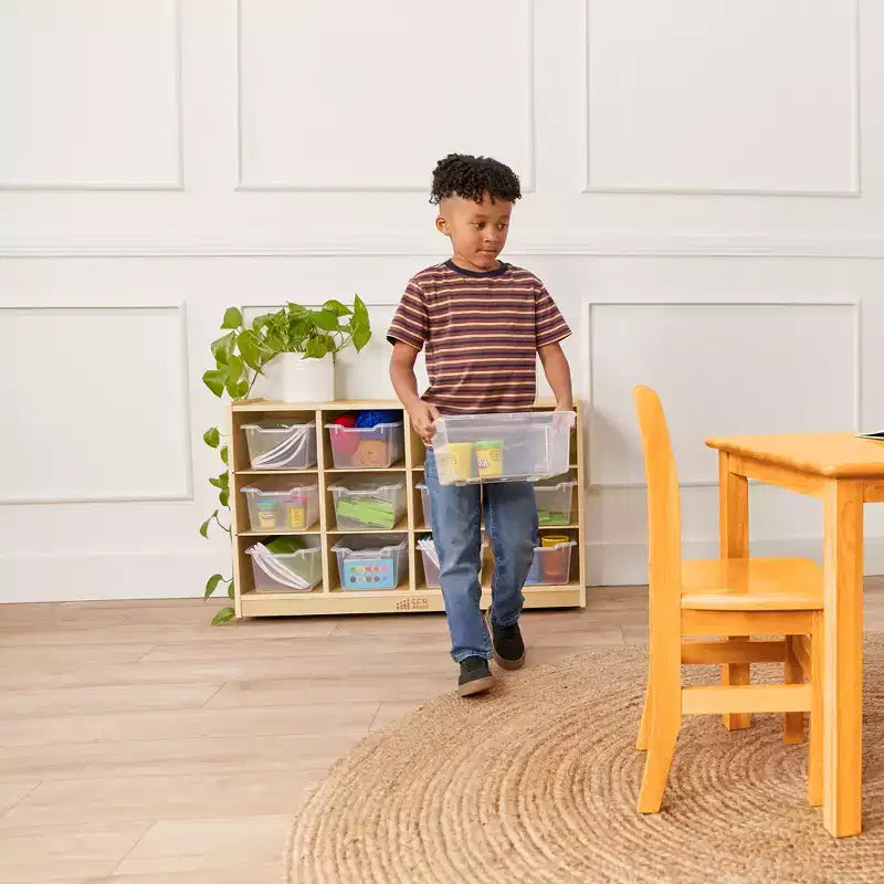 Meuble mobile à plateaux avec casiers et 15 bacs frontaux à ouverture en forme de cuillère, 3 x 4, mobilier pour enfants