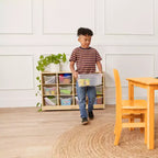 Meuble mobile à plateaux avec casiers et 15 bacs frontaux à ouverture en forme de cuillère, 3 x 4, mobilier pour enfants