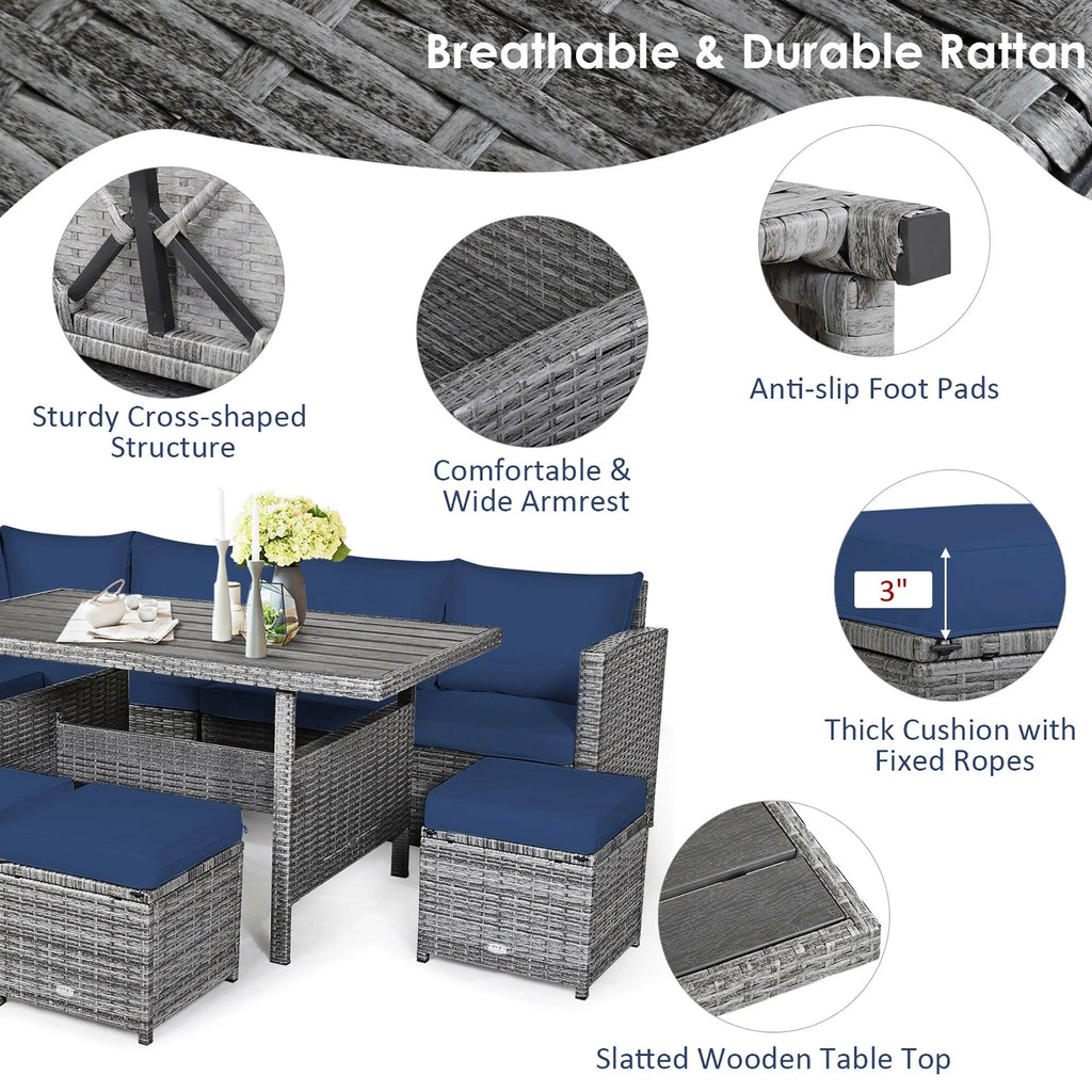 Costway Ensemble repas de jardin en rotin de 7 pièces, canapé d’angle, canapé et pouf — Voir les détails