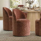 Modern Dining Table Set For 6, Round Pedestal Dining Table, Swivel Rolling Barrel Chairs With Wheels, Textured Chenille- Panipeachy