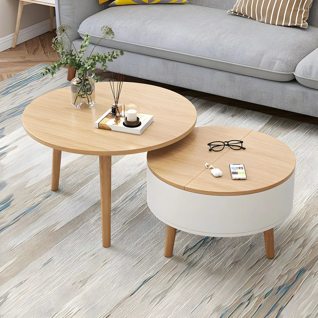 Moderner runder Couchtisch aus schwarzem und weißem Holz mit Stauraum