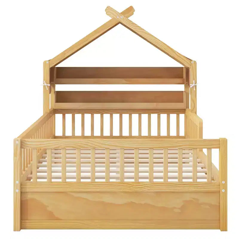 Lit cabane en bois ModernLuxe pour 1 ou 2 personnes avec tête de lit avec rangement, cadre de lit pour enfants en pin massif avec barrières de sécurité