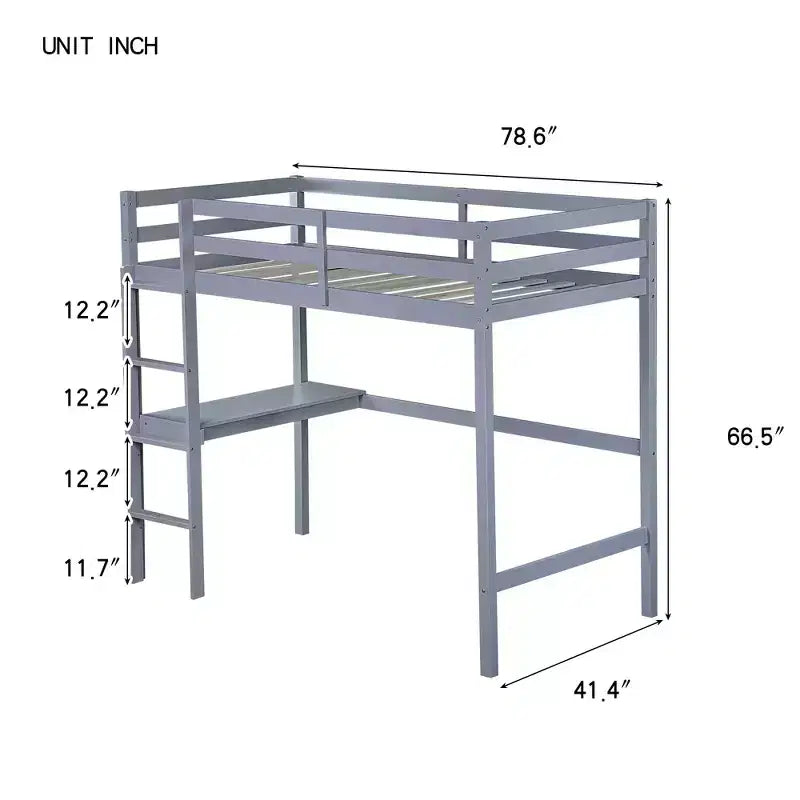 Okak Hochbett im minimalistischen Loft-Stil mit Leiter, Hochbett aus Gummibaumholz für eine Person mit Sicherheitsgeländer und integriertem Schreibtisch, Bettgestell für Kinder und Jugendliche
