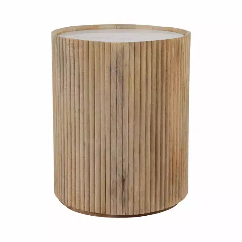 Decoratieve geribbelde houten bijzettafel met marmeren blad en opbergruimte - kleine woondecoratietafel voor slaapkamer of woonkamer