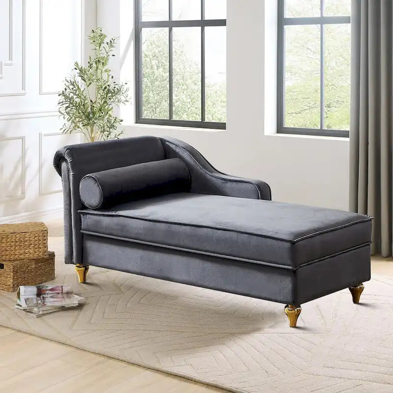 Fauteuil méridienne élégant français en velours avec revêtement rembourré et rangement, avec coussin