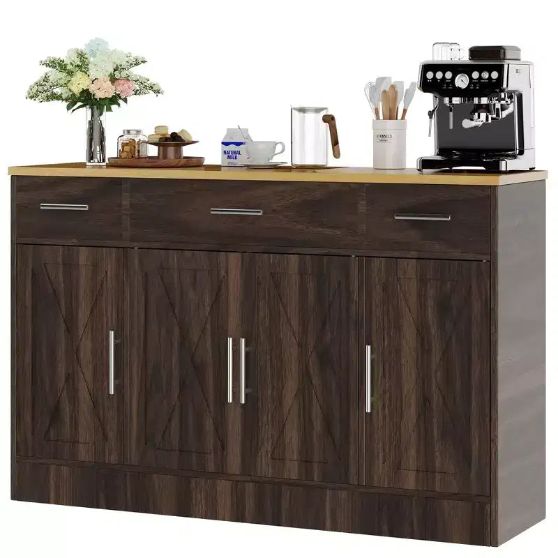 Buffet de rangement Celebalcony, grand meuble de cuisine de 53,4 pouces avec 3 tiroirs et 4 portes, étagère réglable pour la cuisine et le salon