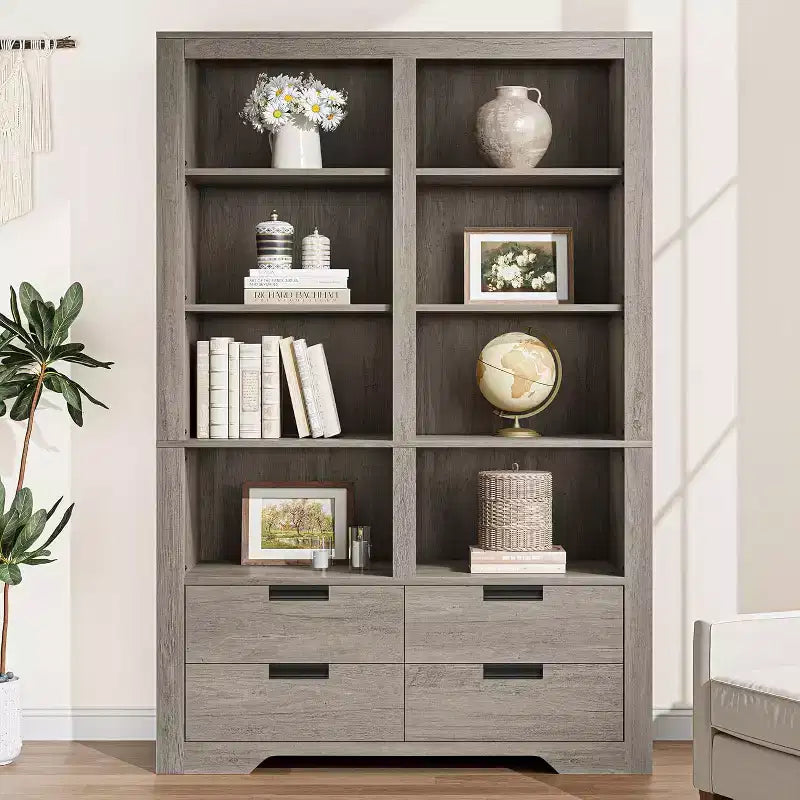 Bibliothèque haute de 72 pouces avec 4 tiroirs, bibliothèque de rangement autoportante de style maison de campagne pour chambre, salon et bureau à domicile