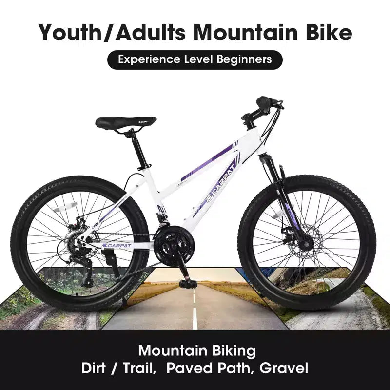 Okak 24/26-Zoll-Mountainbike mit 21 Gängen und Scheibenbremsen an Vorder- und Hinterrad, Kinderfahrrad mit 100-mm-Federgabel, Dirtbike für Jugendliche und Frauen