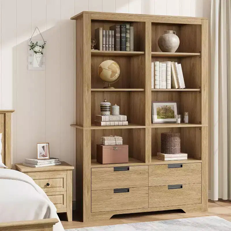 Bibliothèque haute de 72 pouces avec 4 tiroirs, bibliothèque de rangement autoportante de style maison de campagne pour chambre, salon et bureau à domicile