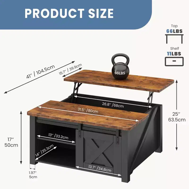Table basse relevable JIONJOY de 31,5 po avec grand espace de rangement dissimulé, étagères réglables, table centrale carrée de style champêtre pour salon et petits espaces
