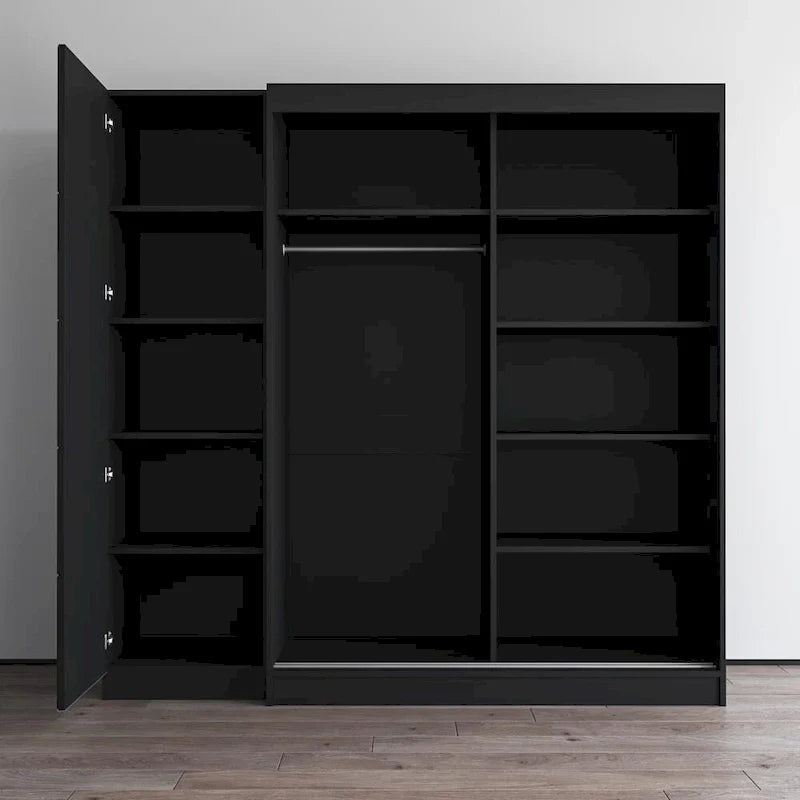 Armoire à 2 portes avec miroir, façade en verre, pour 2 personnes (gris / noir / blanc)