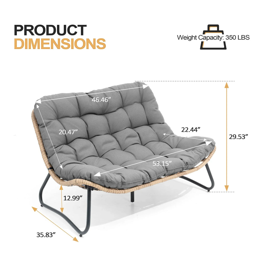 Fauteuil double Papasan avec coussin, rotin PE toutes saisons et structure en métal, pour intérieur et extérieur