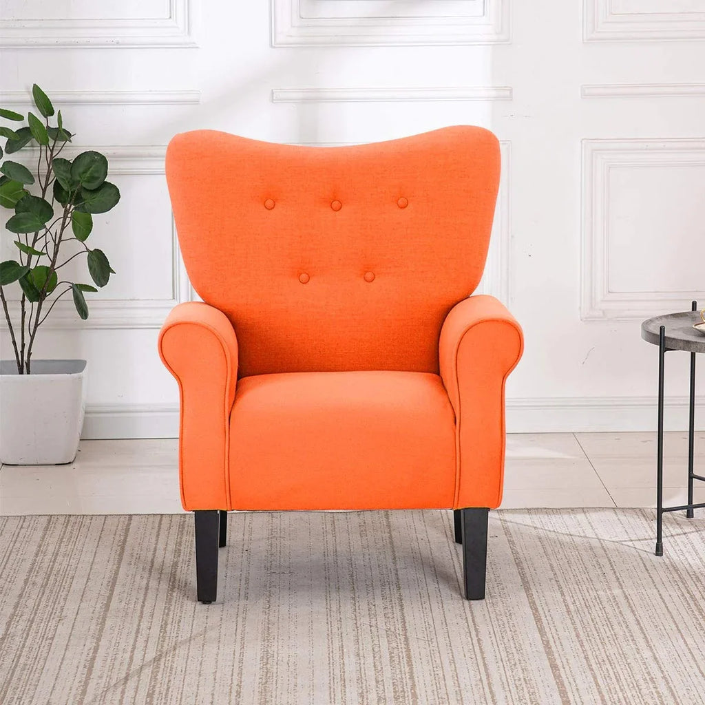 Erommy moderne accentstoel, fauteuil met hoge rugleuning, gestoffeerde stoffen fauteuil met knopen en houten poten voor de woonkamer