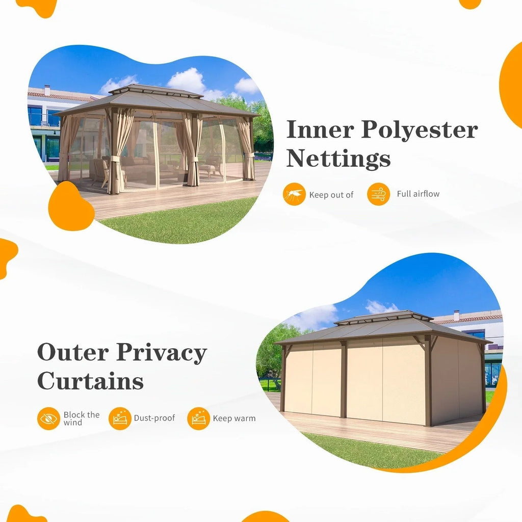 EROMMY Pavillon mit festem Dach, Outdoor-Pergola mit Doppeldach, Netzvorhängen und Vorhängen, robustes Vordach für Terrasse, Garten und Poolpartys
