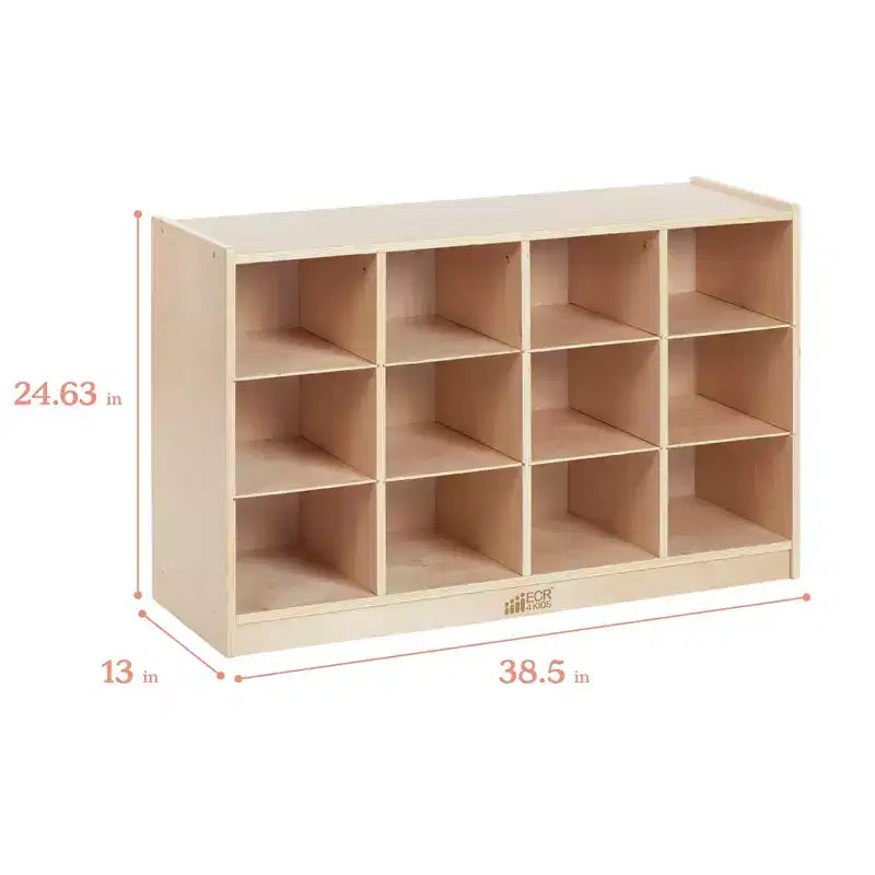 Meuble mobile à plateaux avec casiers et 15 bacs frontaux à ouverture en forme de cuillère, 3 x 4, mobilier pour enfants