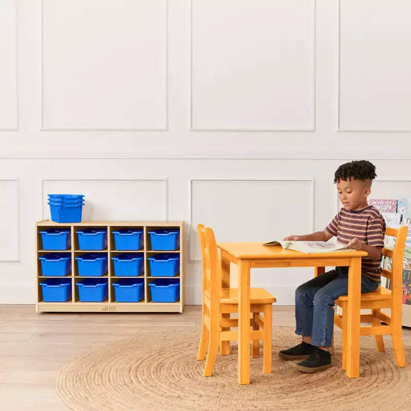 Meuble mobile à plateaux avec casiers et 15 bacs frontaux à ouverture en forme de cuillère, 3 x 4, mobilier pour enfants