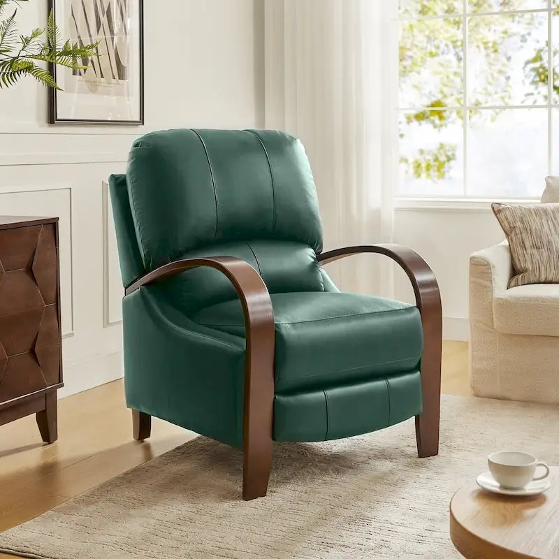 Alex moderner Relaxsessel im Mid-Century-Stil aus echtem Zigarrenleder mit manueller Verstellung und geschwungenen Holzarmlehnen