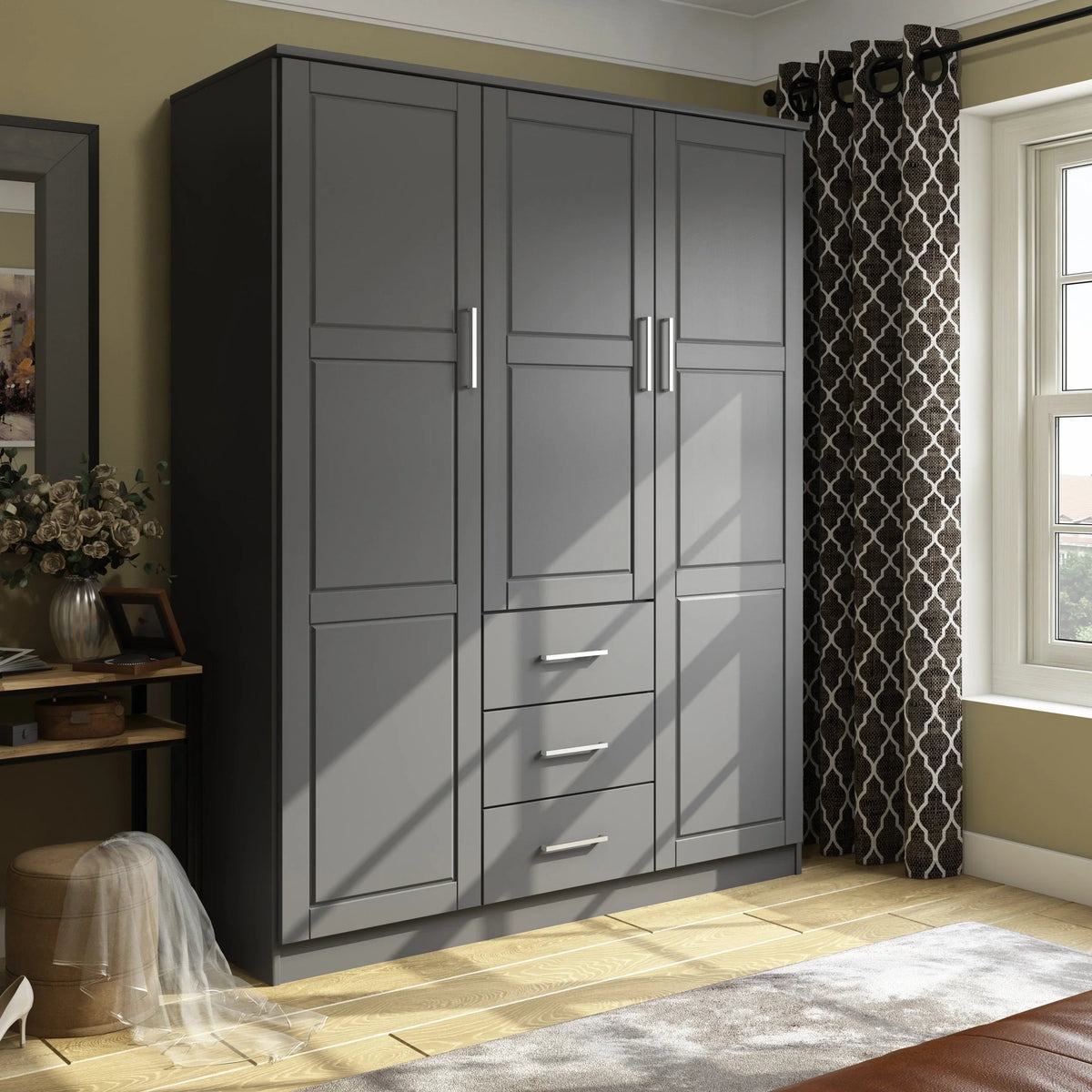 Palace Imports Cosmo 3-türiger Kleiderschrank aus 100 % Massivholz mit Türen aus Massivholz oder Spiegelglas