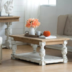 Table basse rectangulaire en bois blanc ancien patiné