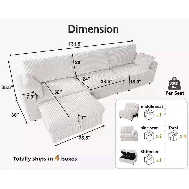Dyonery Modular Corduroy Sectional Sofa with Washable Covers